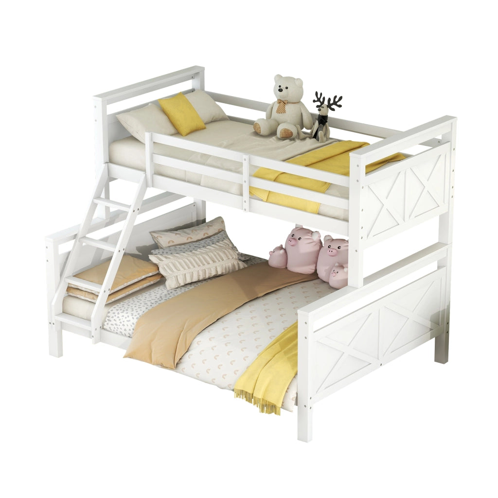 OKWISH Letto a Castello 90×200 cm e 140×200 cm, Letto 3 Posti con Scala Inclinata e Sponda di Sicurezza, senza Materasso, Bianco