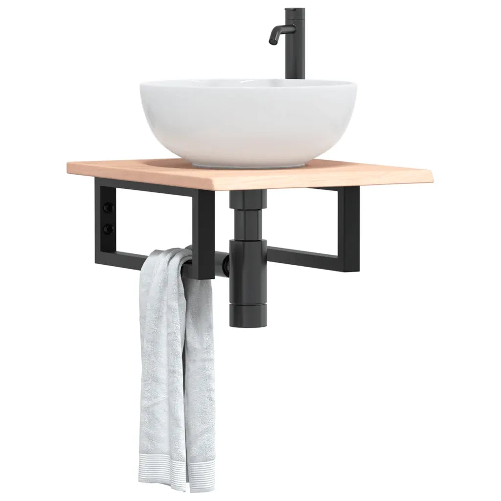 Ripiano a Parete per Lavabo in Acciaio e Massello di Rovere 3302533