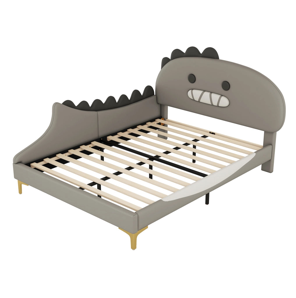 Letto per bambini 140x200 cm; design dinosauro; PU e MDF; grigio