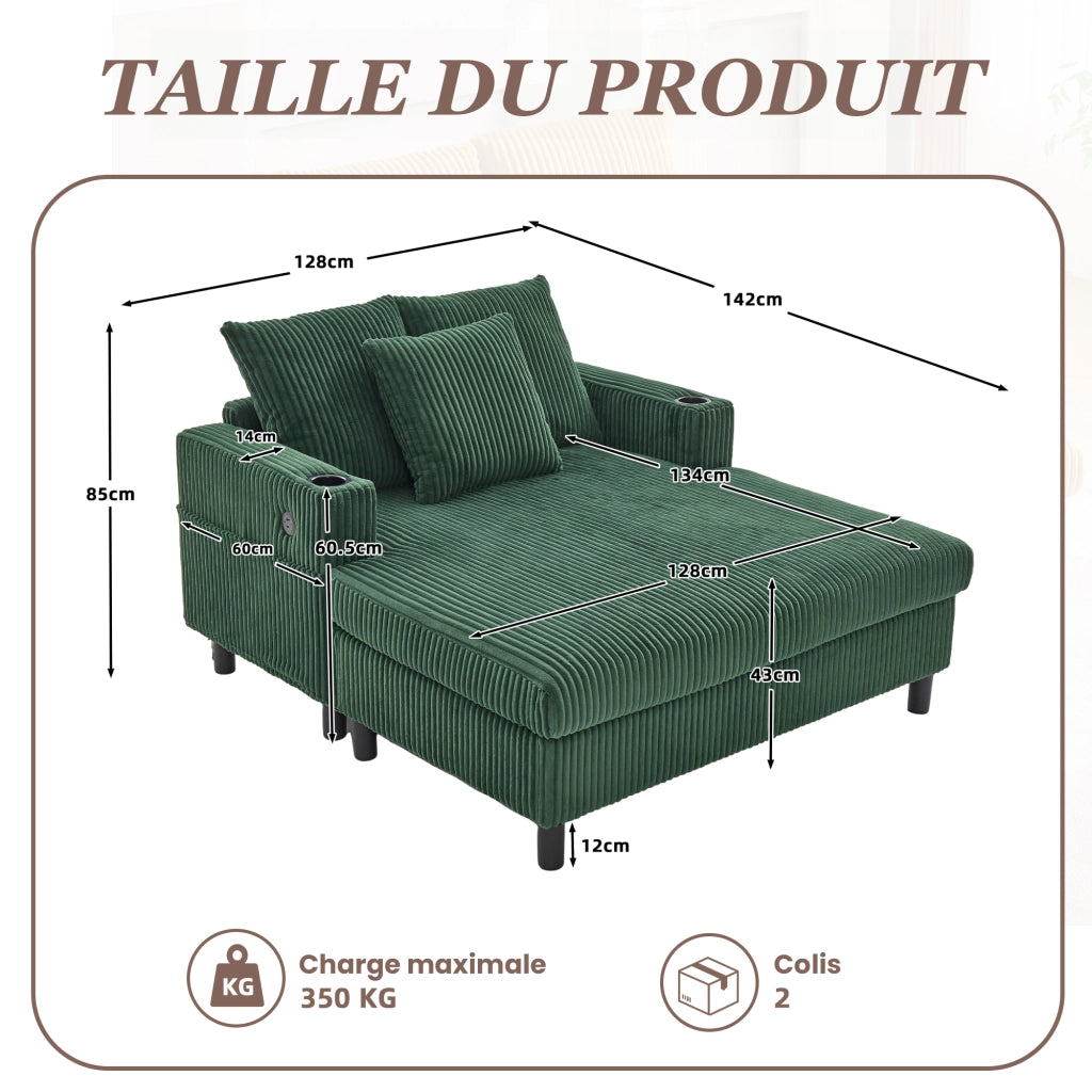OKWISH Chaise Longue con USB, LED e Portabicchieri, Schienale Ergonomico, Velluto a Coste Smeraldo, 142 × 128 × 85 cm