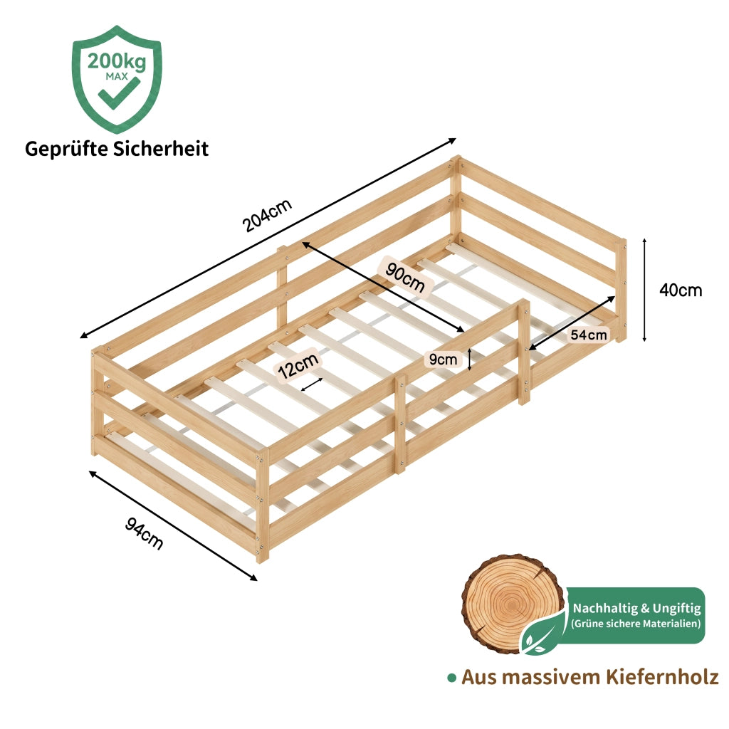 Letto per bambini 90 × 200 cm con barriera di sicurezza a 4 lati, senza materasso, in legno di pino, naturale