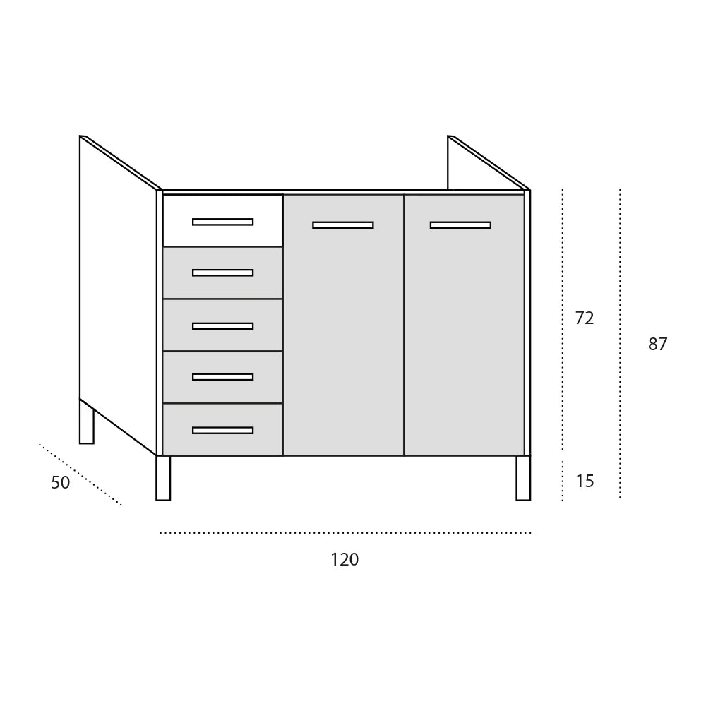 Sotto lavello per cucina componibile da 120 cm con due ante e 4 cassetti (+1 estetico) linea MAKA, realizzata in legno 100% MADE IN ITALY, colore Noce, Vs DX