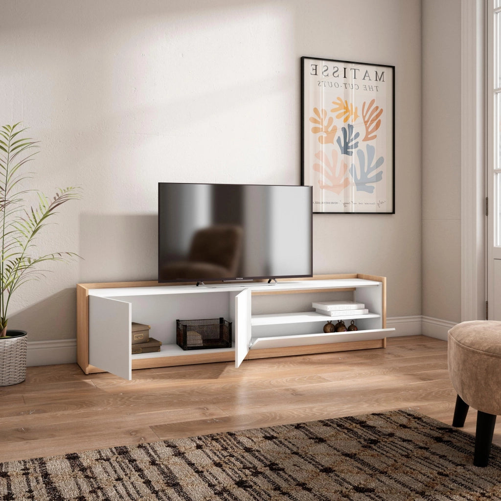 Mobile TV Soggiorno, 207x50x37 cm, Per TV fino a 80", Mobile Soggiorno, Bianco e Rovere soft