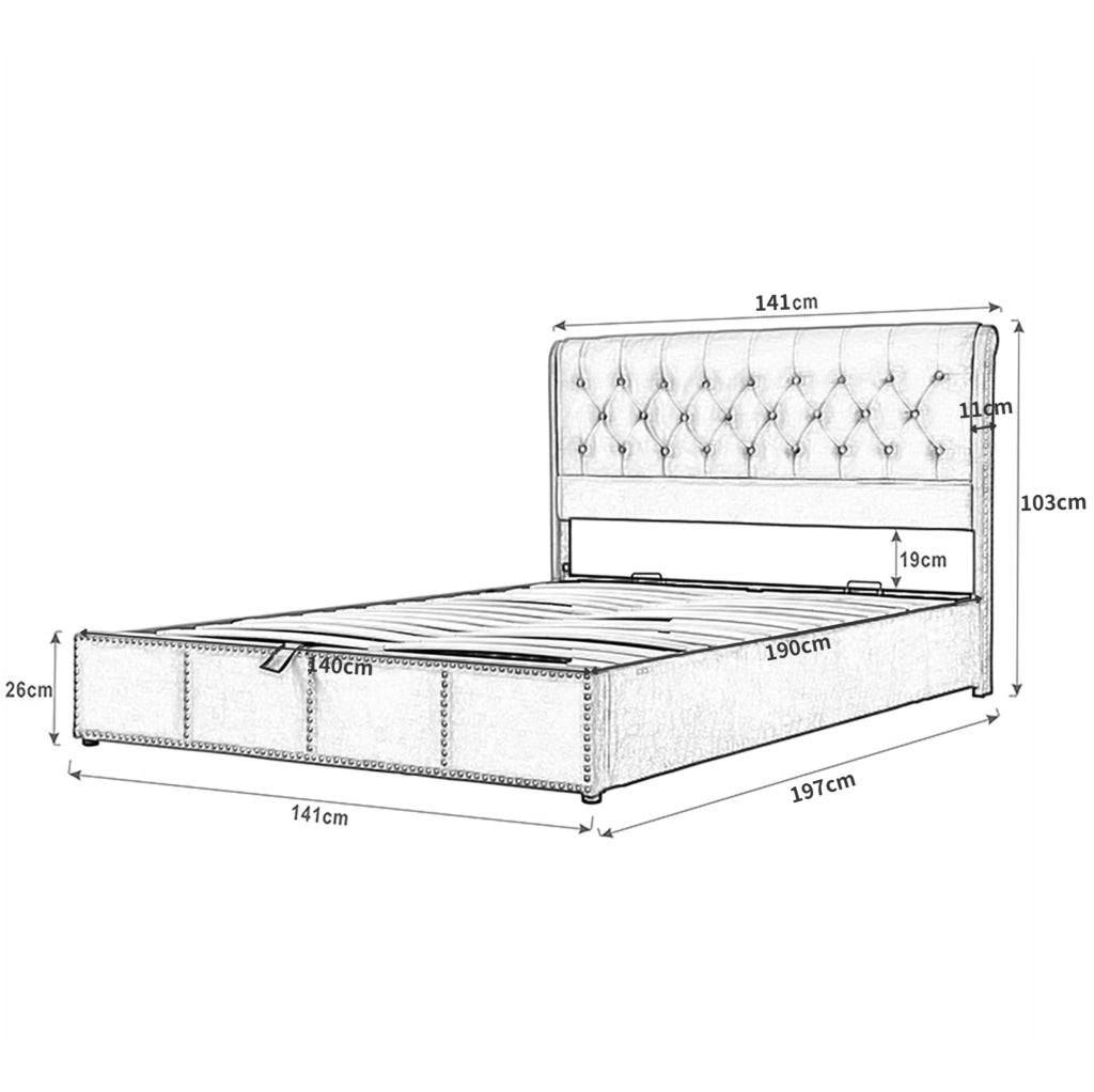 Letto imbottito contenitore 140x190 cm in lino grigio con rete a doghe