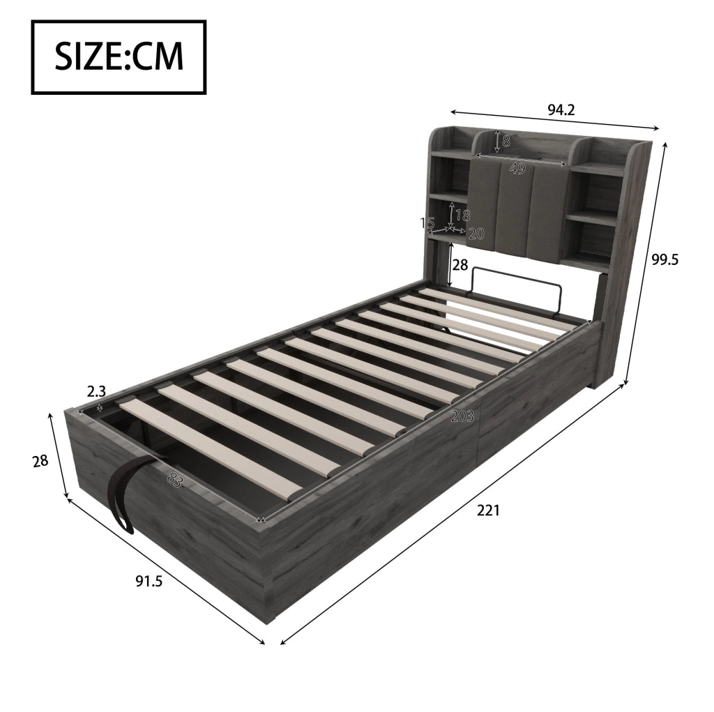 Letto 90x200 cm con contenitore idraulico; testiera con vani e presa USB e Tape-C in MDF grigio