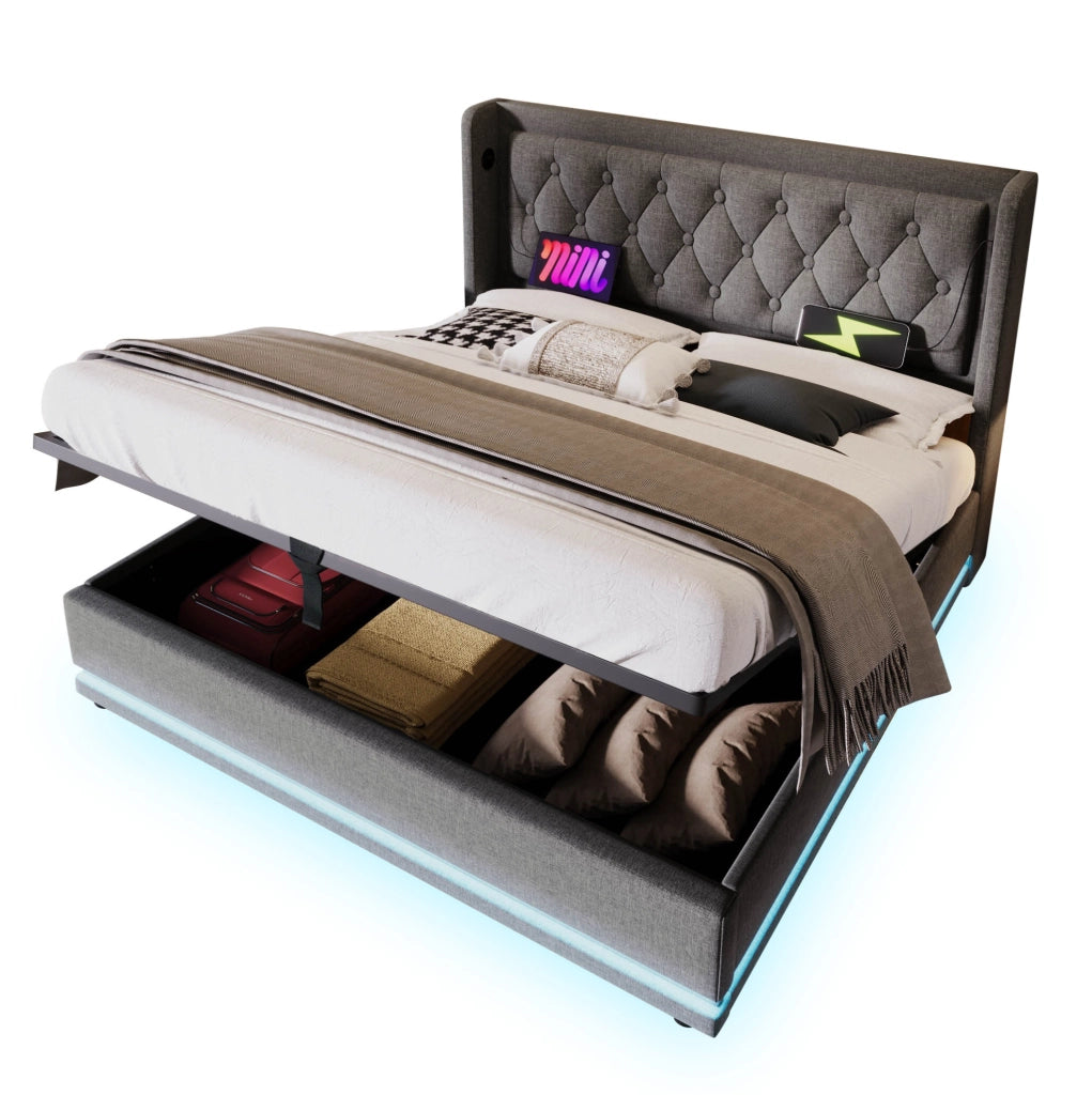 Letto matrimoniale imbottito 140x200 cm in cotone grigio con contenitore; USB e LED