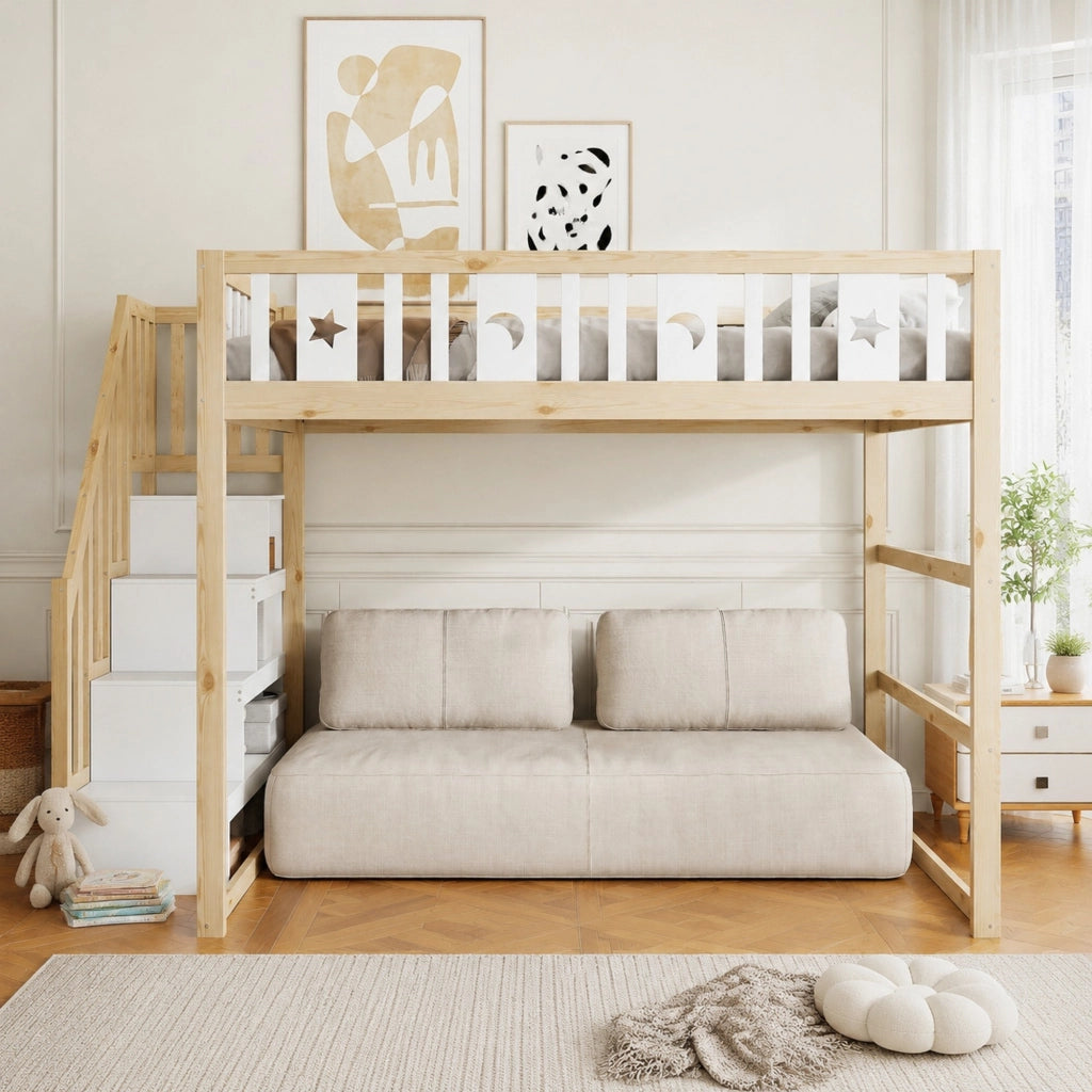Letto a soppalco 140x200 cm con scala; ripiani e zona divano; bianco e naturale