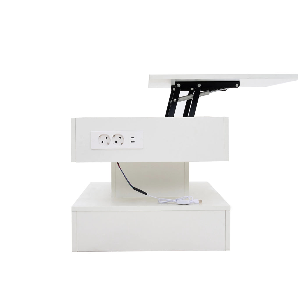 TAVOLO da caffè regolabile 100x50x42 cm bianco con LED, presa EU e vano nascosto