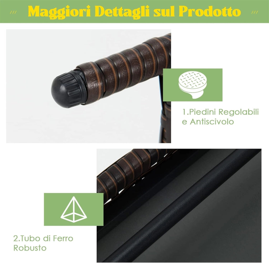 Tavolino da Caffè Rettangolare in Vimini Pieghevole, con Struttura in Acciaio Resistente e Cuscinetti Antiscivolo, Utilizzabile da Interno e Esterno