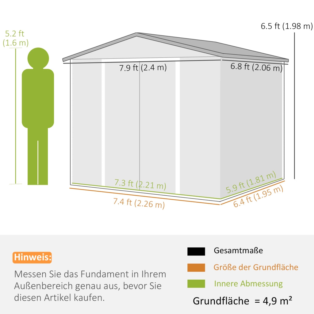 Capanno da giardino 4;4 m2; capanno da giardino con tetto monopendio; porta scorrevole; fondazione; 240 x 206 x 198 cm; capanno degli attrezzi in acciaio zincato; impermeabile; per giardino; teak