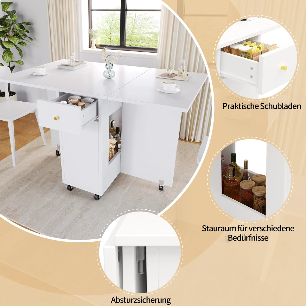 Tavolo da pranzo pieghevole con ripiani aperti, 2 cassetti e ruote, per cucina e soggiorno, bianco, 120 × 75 × 75 cm