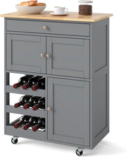 Carrello da cucina mobile con cassetto, porte e ripiani per bottiglie, isola di cucina con ruote e coperchio in legno di gomma, 67 x 37 x 86 cm, mobile di stoccaggio per sala da pranzo (grigio