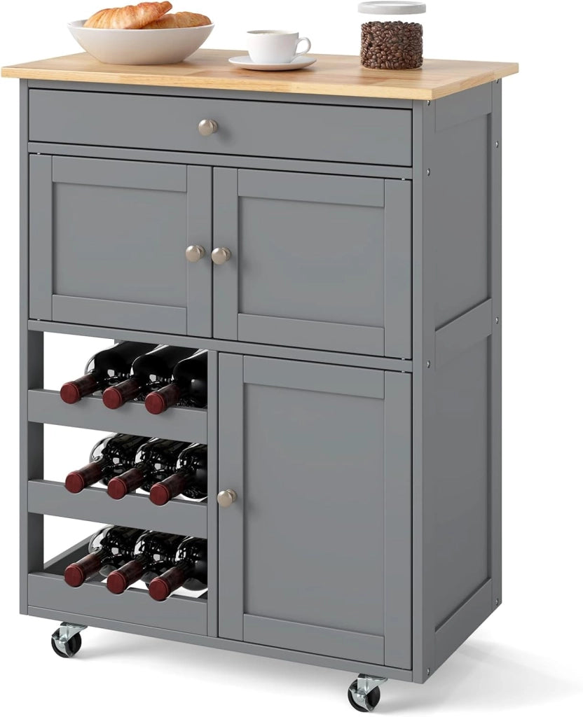 Carrello da cucina mobile con cassetto, porte e ripiani per bottiglie, isola di cucina con ruote e coperchio in legno di gomma, 67 x 37 x 86 cm, mobile di stoccaggio per sala da pranzo (grigio