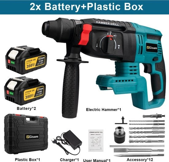 Boorhamer multifunzionale - 26mm - Funziona senza fili - Compreso 2 batterie (18V) e valigetta di accessori