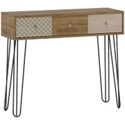 Tavolo Consolle con 3 Cassetti e Gambe in Acciaio, Stile Bohemien, Legno Naturale