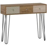 Tavolo Consolle con 3 Cassetti e Gambe in Acciaio, Stile Bohemien, Legno Naturale