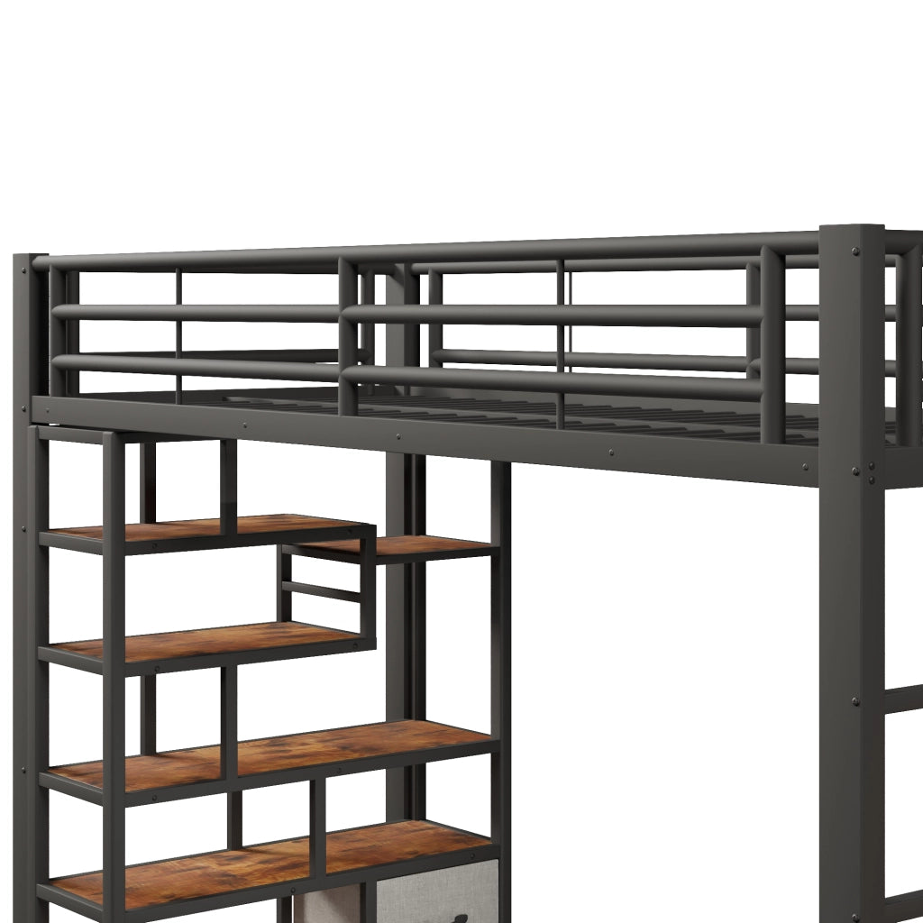 Letto a soppalco 90x200 cm con cassetti in tessuto; spazio sottostante; LED; ripiano; gradini e parapetto; metallo nero