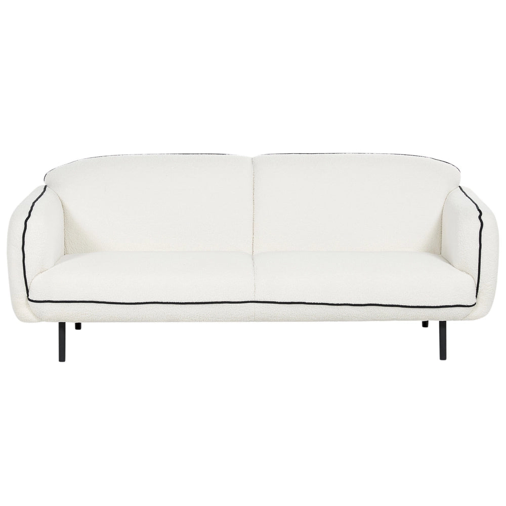 Divano a 3 posti Tessuto boucle bianco Morbido Nubby Gambe in metallo Bordi decorativi neri Stile retro Glam Art Decor
