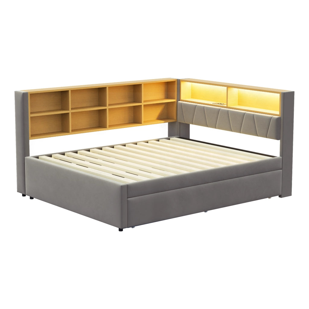 OKWISH Letto Divano 140×200 cm e 90×190 cm, Letto 2 Posti con LED, USB, Tipo C e VanI Portaoggetti, senza Materasso, in Flanella, Grigio Scuro