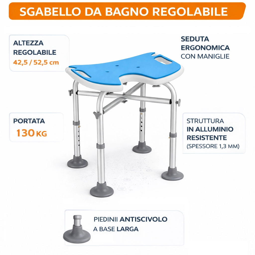 Sgabello da Doccia per Anziani Regolabile con Piedini Antiscivolo Portata 130 kg