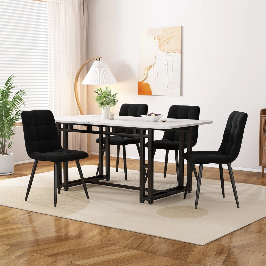 Tavolo da pranzo per 4 persone con 4 sedie in velluto, piano in MDF e gambe in metallo, per cucina e soggiorno, nero