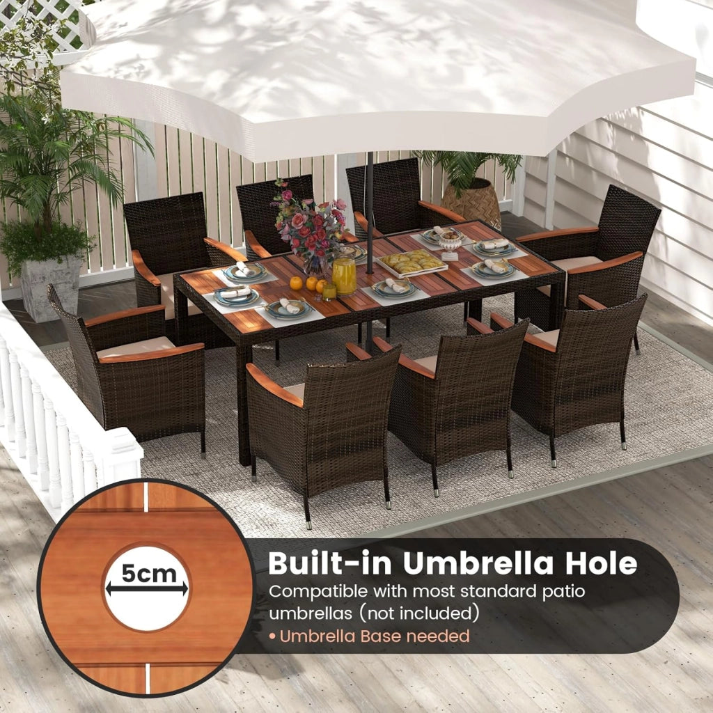Tavolo e Sedie da Pranzo in PE Rattan, Set di Mobili in Rattan, Set di Mobili Composto da 9 Pezzi, con 8 Sedie e 1 Tavolo, Piano del Tavolo in Acacia, per Interno e Esterno