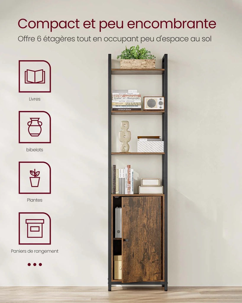 Libreria verticale a 6 ripiani con anta struttura in metallo ripiani regolabili 24 x 40 x 159,5 cm per soggiorno/camera da letto marrone 12_0004283