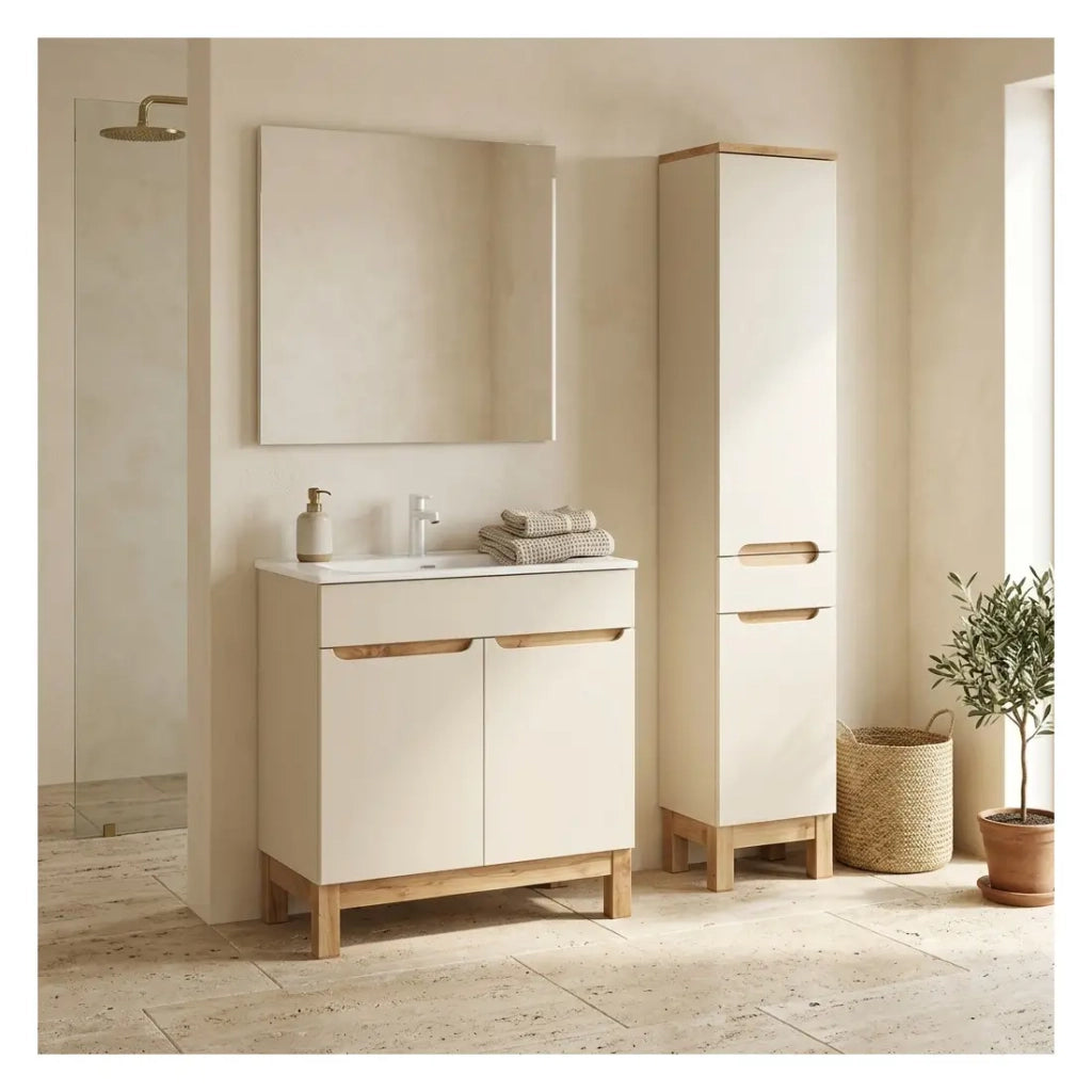 Set da bagno ERMANO cachemire e finitura quercia 115cm: mobile sottolavabo + lavabo incassato + colonna