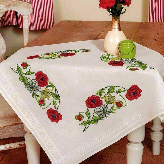 Tessuto da tavolo con maniglie a croce di Malta in punto di crocera con tessuto di cotone pre-cucito, con set di punti per cucire (80x80 cm)