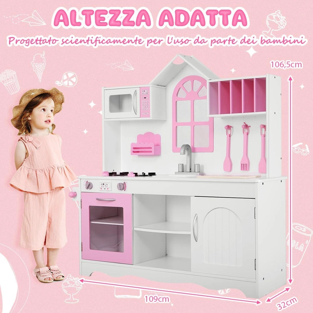 Cucina Giocattolo per Bambini, Cucina Legno per Bambini con Forno, Microonde, Lavello e Rubinetto, con Accessori da Cucina, per 3+ Anni