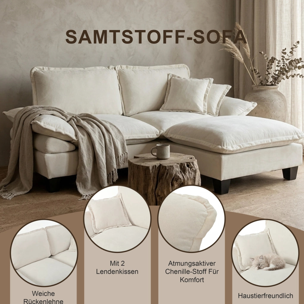 Divano modulare Cloud a forma di L in chenille beige con porta bicchieri, USB, pouf e cuscini