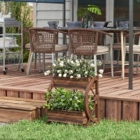 Fioriera in Legno da Esterno a 2 Livelli con 3 Vasi e Ruote di Carro Stile Country, 55x32x56cm