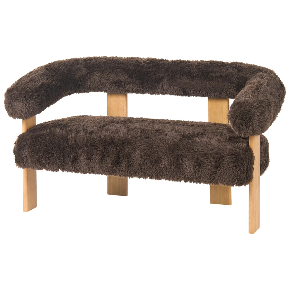 Divano a 2 posti rivestimento in pelliccia sintetica e gambe in legno marrone scuro e marrone chiaro stile retrò per soggiorno