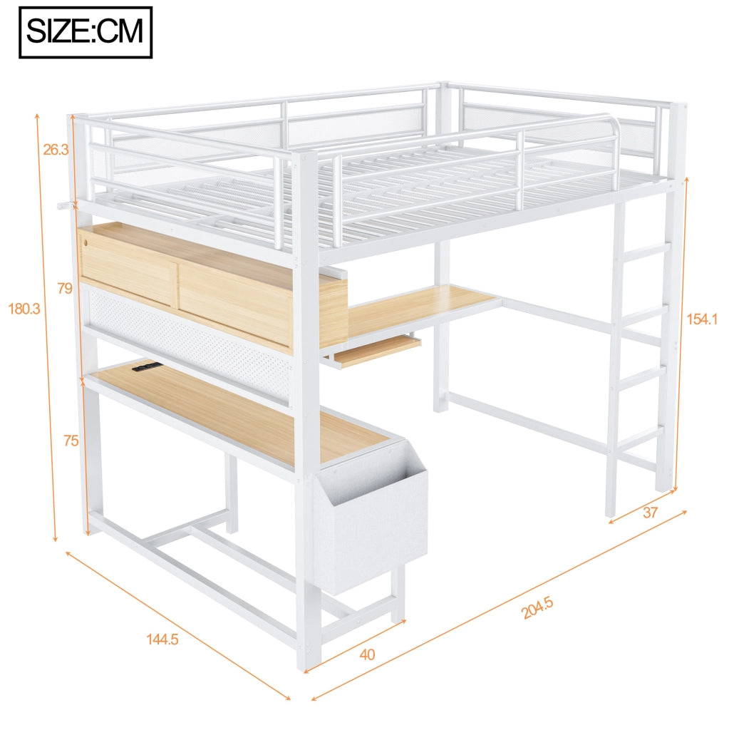 Letto a soppalco 140x200 cm con scrivania; LED e stazione di ricarica in MDF e metallo bianco