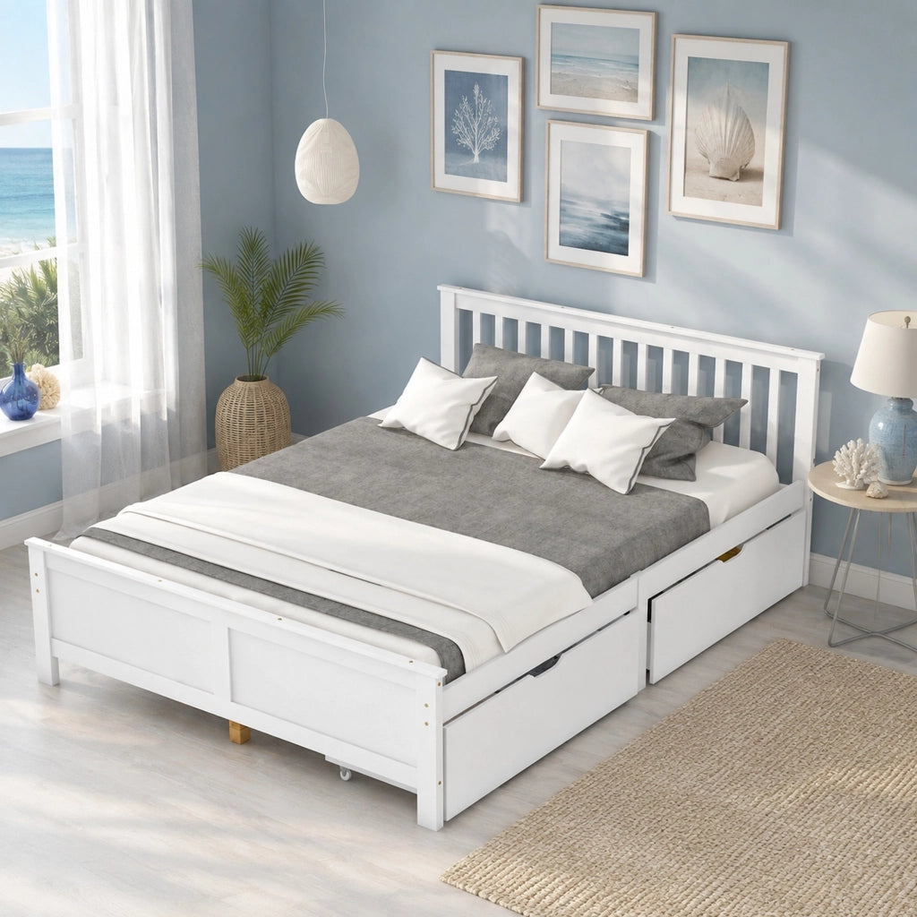 Letto matrimoniale 140x200 cm bianco con 2 cassetti