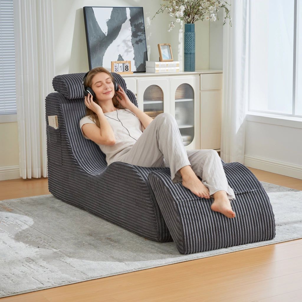 Poltrona relax ergonomica con tasca laterale e cuscino rimovibile design compatto in velluto a coste grigio scuro