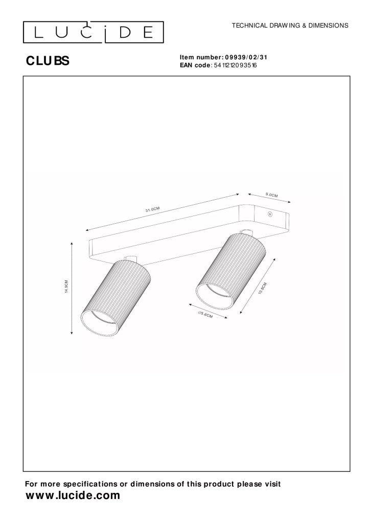 Plafoniera 2 faretti bianca Clubs GU10 2x40W Lucide
