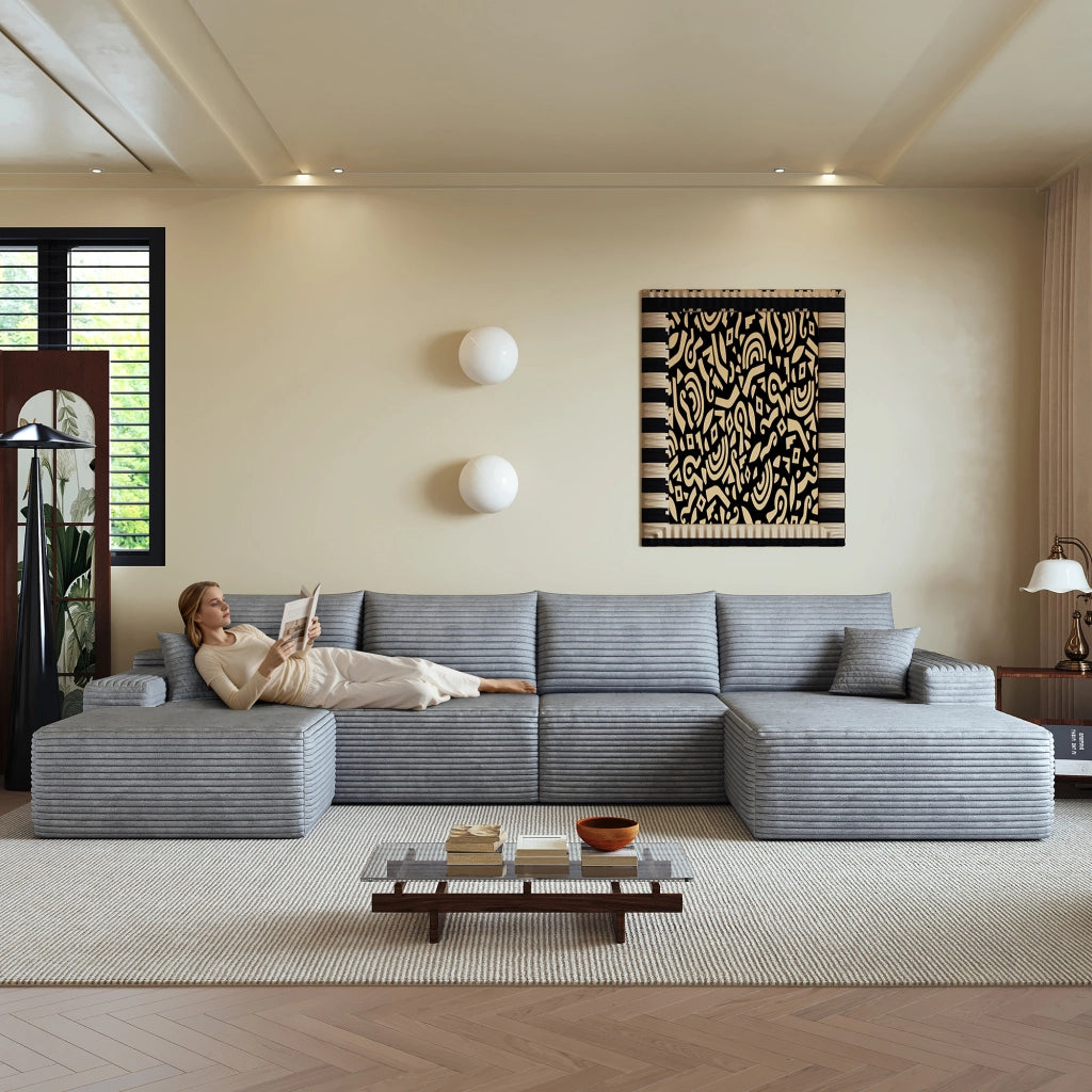 Divano angolare modulare in tessuto a coste con chaise longue e schiuma ad alta elasticità per soggiorno grigio