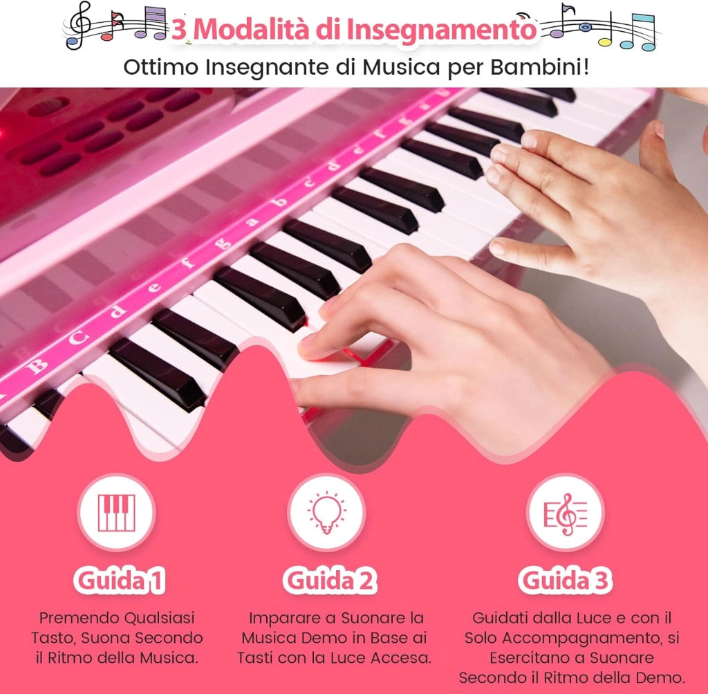Pianoforte Elettronico per Bambini a 37 Tasti con Microfono e Sgabello, Tastiera Digitale Pianoforte a Coda Giocattolo Multifunzionale Portatile, Funzione di Registrazione e Riproduzione ,Rosa