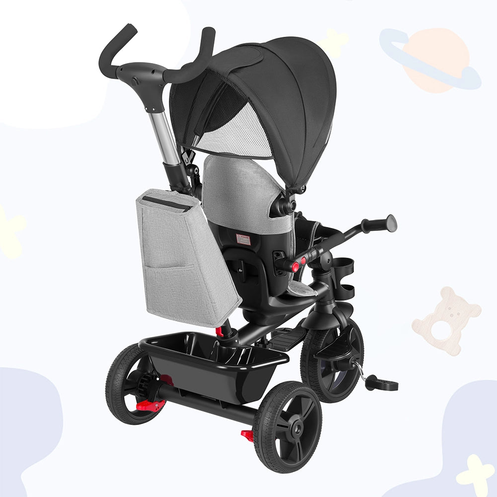 Triciclo per Bambini 5in1 Cappottina Pedali e Manico Antiscivolo Ergonomico Nero
