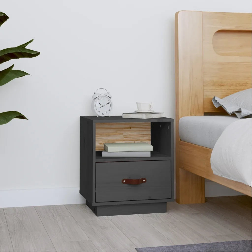 Comodino-Tavolino da notte Grigio 40x34x45 cm in Legno Massello di Pino 900695
