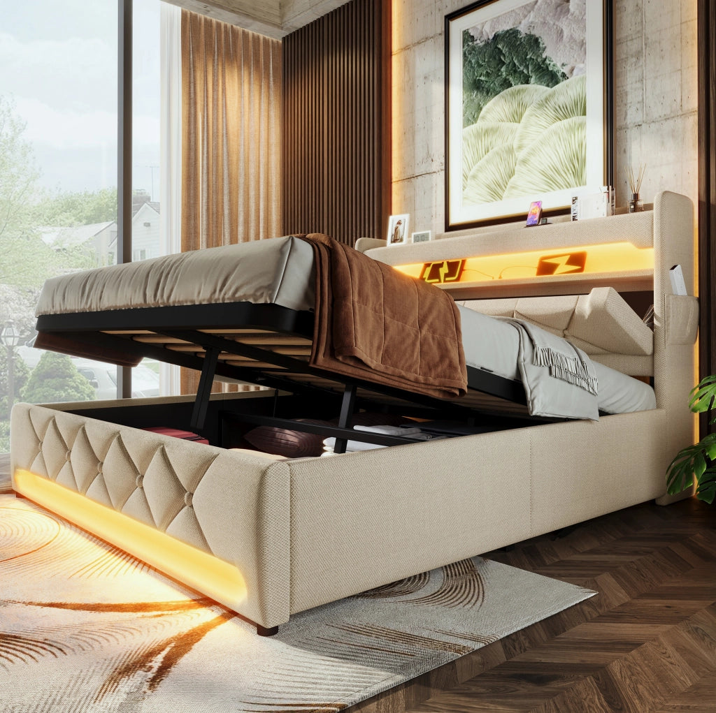 Letto matrimoniale imbottito 140x200 beige con LED, USB-C e materasso