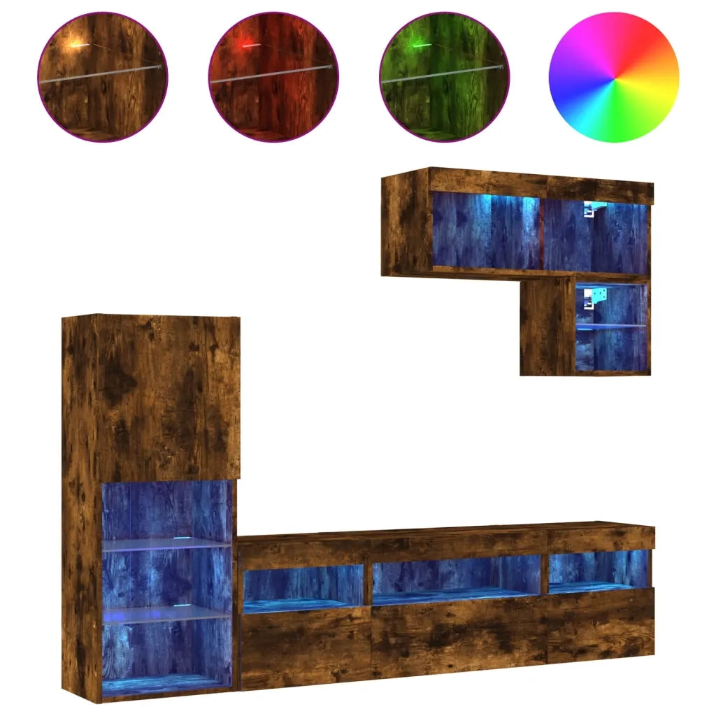 Mobili TV a Muro con LED 6 pz-Credenza per TV sospesa Rovere Fumo in Legno Multistrato 501271