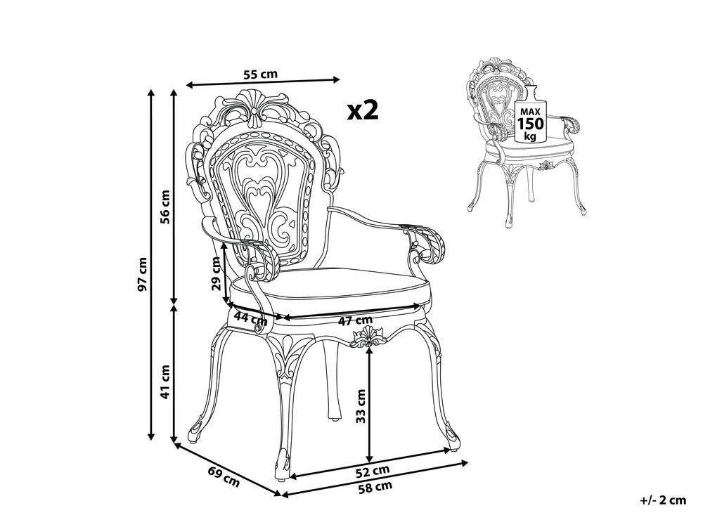 Set di 2 sedie da giardino vintage in alluminio marrone con cuscini per sedili in poliestere alluminio vintage