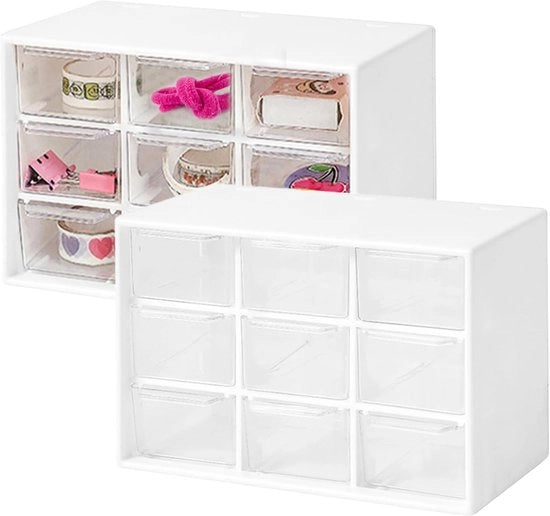 2 scatole di archiviazione con 9 contenitori, separatori trasparenti in plastica, scatole di archiviazione, scatole di contenitori, scatole di archiviazione per ufficio, sieraprestazioni, cosmetici, piccoli componenti