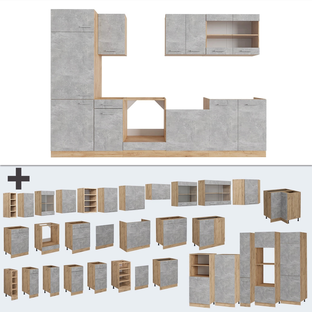 Cucina componibile R-Line Calcestruzzo/Rovere dorato 300 cm, PL Rovere Vicco