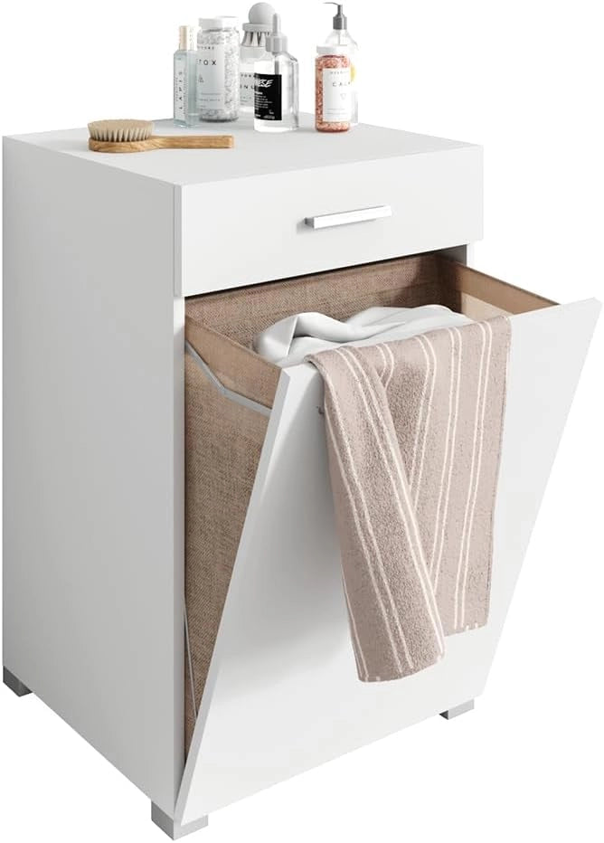 Armadietto da bagno con portabiancheria Matteo, Bianco, 50 x 78.5 cm, con cesto della biancheria integrato e soluzione salvaspazio