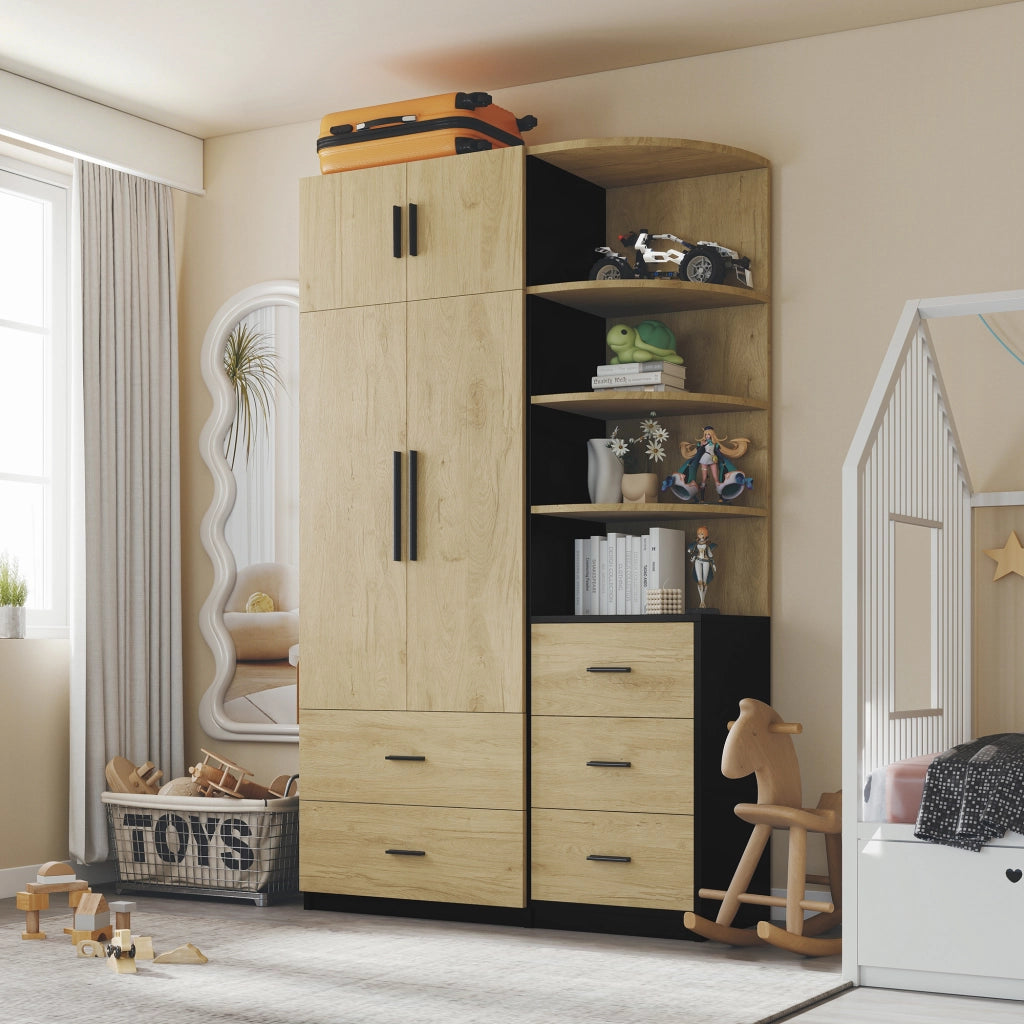 Armadio con barra appendiabiti, 5 cassetti e vani aperti, per camera da letto, naturale e nero, 110 × 40 × 186 cm
