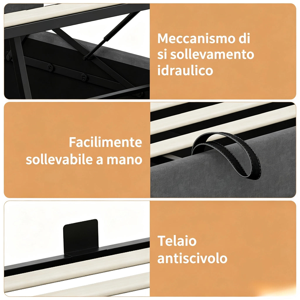 Letto matrimoniale 160x200 cm con contenitore LED USB ricarica wireless testiera con mensole rete a doghe legno metallo lino - beige