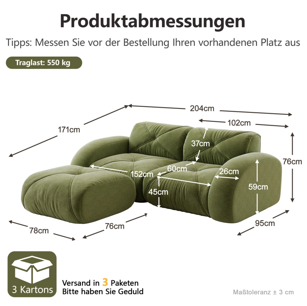 Divano modulare 2 posti con pouf 204x171x76 cm in chenille verde; design senza telaio